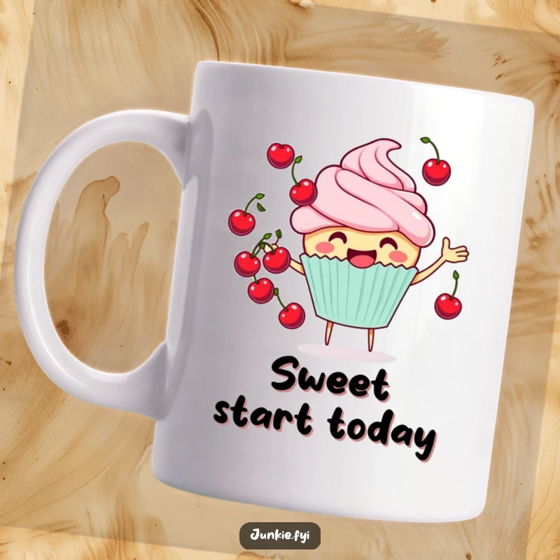 Funny cheerful cupcake mug juggling small cherries, a happy character illustration, perfect for coffee or tea.