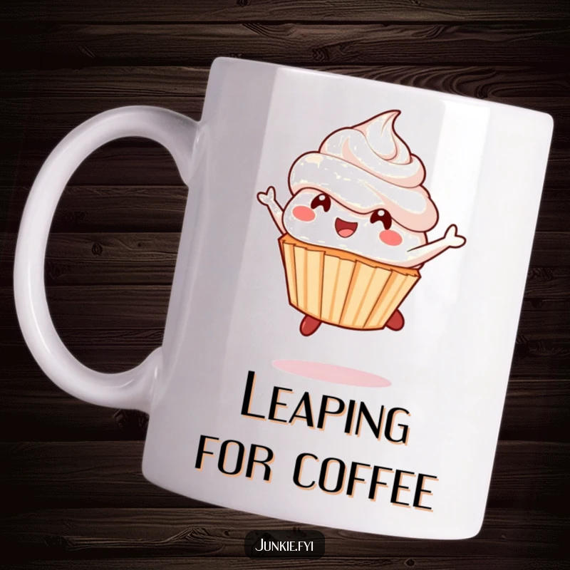 Funny cupcake mug, a delighted character mid-leap with frosting flying, embodying sweet, joyful celebration.