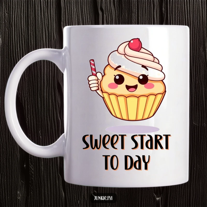 Funny mug depicting a cheerful, round cupcake giving a thumbs up with a candy stick, radiating happiness.