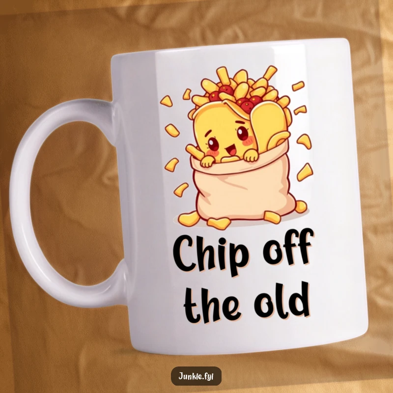 Funny mug with a curious taco character peeking mischievously from an overflowing bag of chips, hinting at tasty secrets.