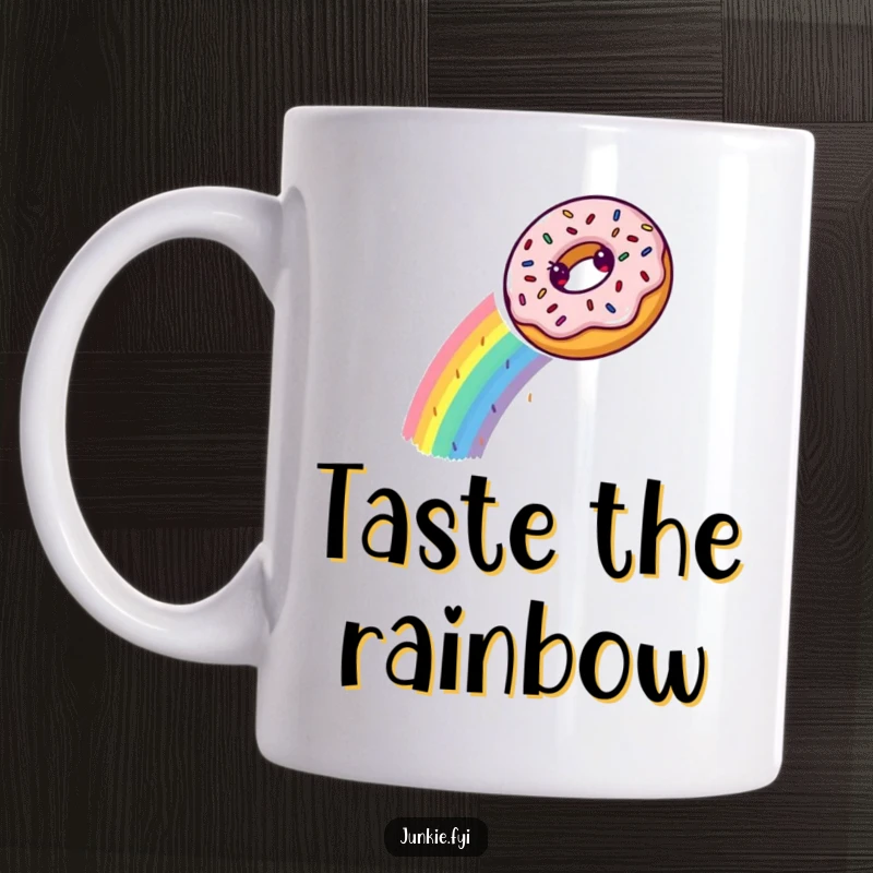 Funny donut gleefully sliding down a vibrant rainbow made entirely of colorful sprinkles, featured on a mug.