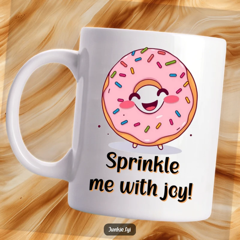 Funny donut mug with sprinkles raining down, performing a happy wiggle dance, bursting with sugary delight.