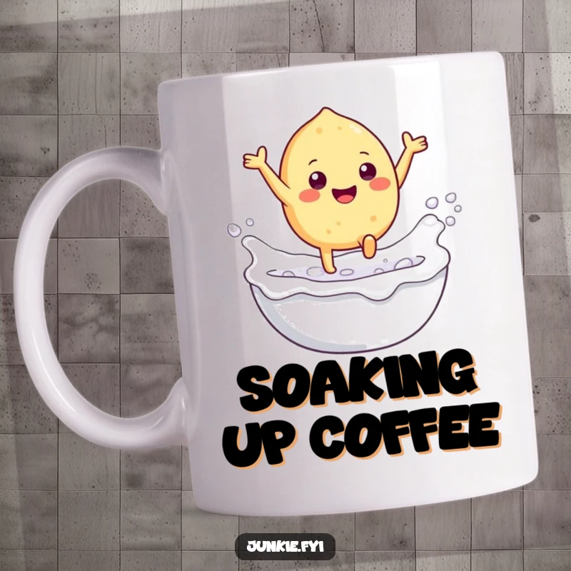 Funny mug featuring a gleeful food character with tiny legs joyfully leaping into a bubbly, foamy milk bath, symbolizing pure delight.