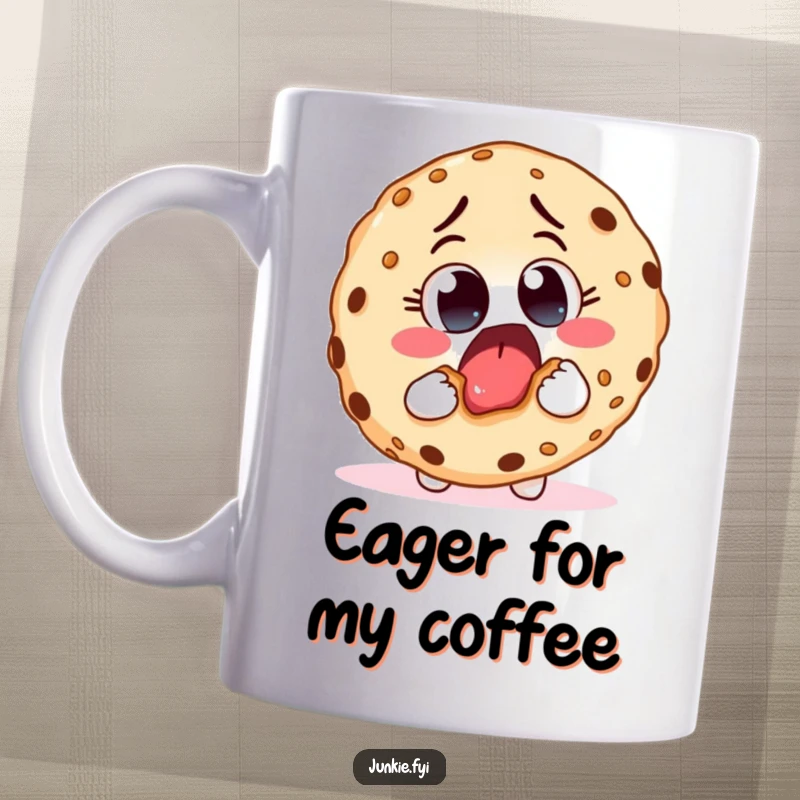 Funny mug showing an excited food character with eager eyes taking a massive bite from a giant cookie, celebrating deliciousness.