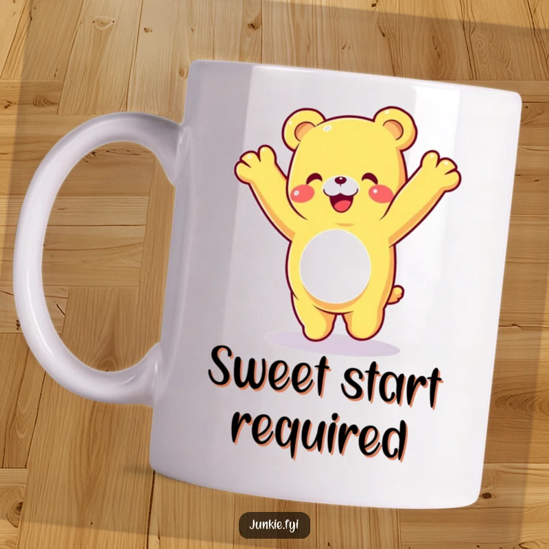 Funny gummy bear mug, a happy character doing a cartwheel with a delighted expression, full of sweet celebration.