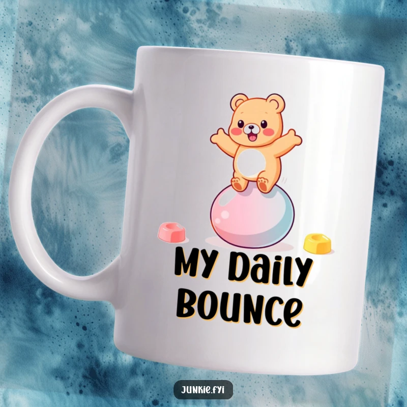 Funny bouncy gummy bear character gleefully bouncing on a giant jellybean, printed on a ceramic mug.