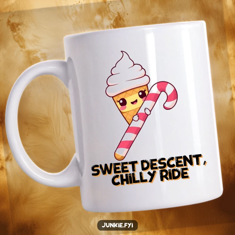Funny Mug: Mischievous ice cream cone gleefully sliding down a red and white candy cane, embodying sweet, playful chaos.