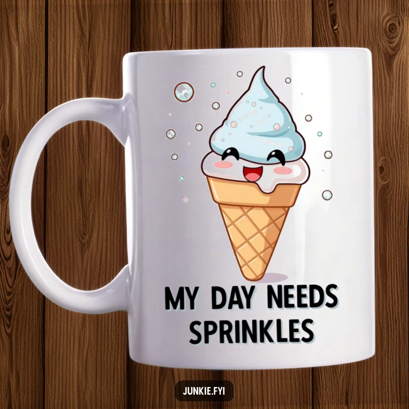 Funny mug featuring a joyful ice cream cone enthusiastically throwing shimmering sugar crystals, radiating pure delight. A sweet and funny gift.
