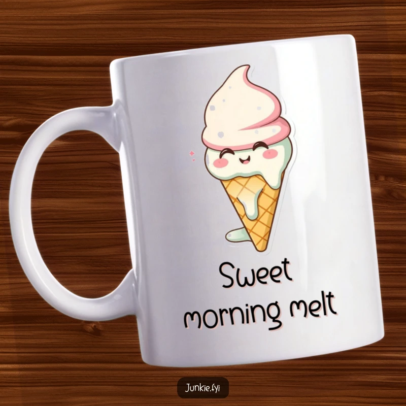 Funny ice cream cone mug character, melting happily, sighing with contentment, a sweet and humorous gift.