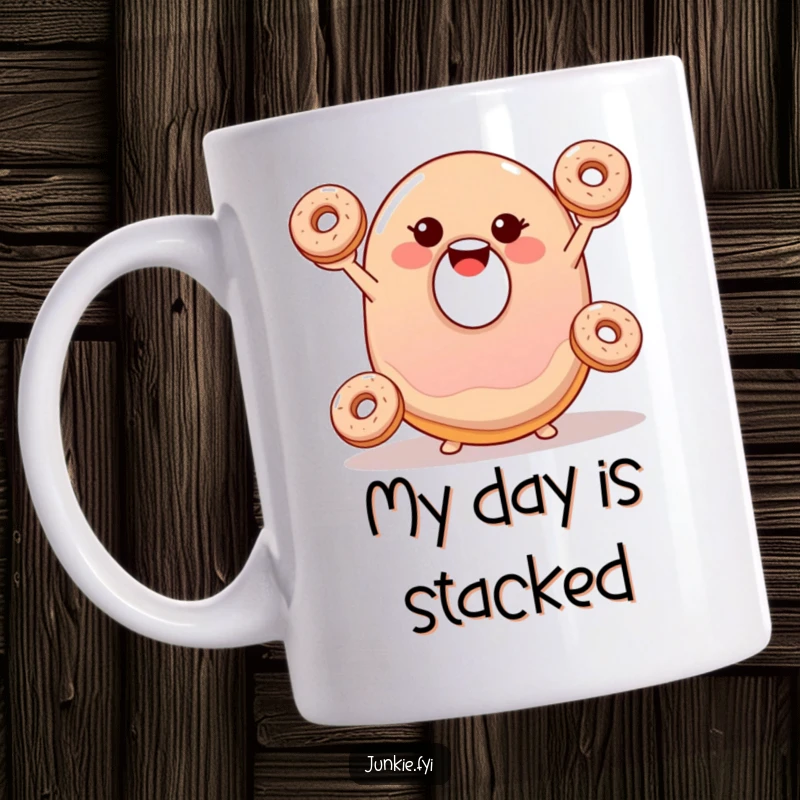Funny mug with a smiling, wobbly jelly donut happily juggling three tiny donuts, a comical dessert scene.