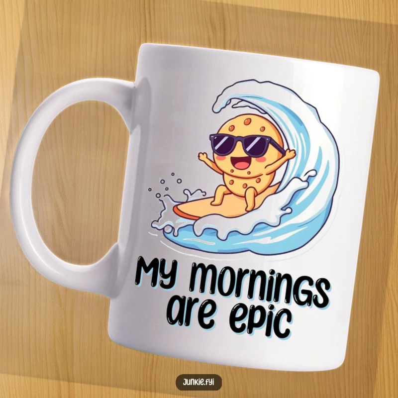 Funny Kawaii cookie wearing sunglasses, joyfully surfing a giant wave of milk on a mug.