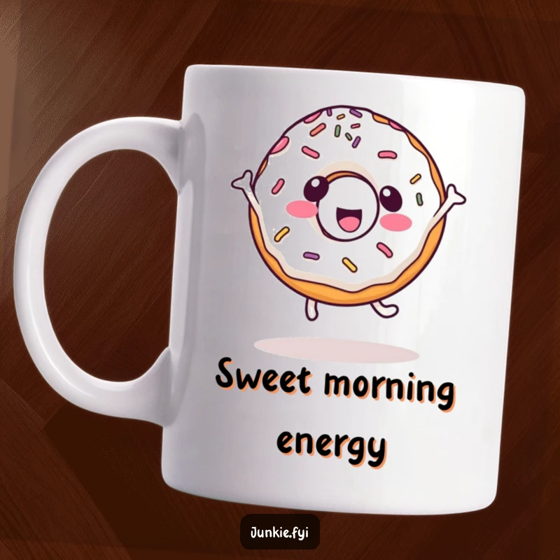 Funny kawaii mug featuring a happy donut character with sprinkles doing a joyful cartwheel, radiating pure sweetness and fun.