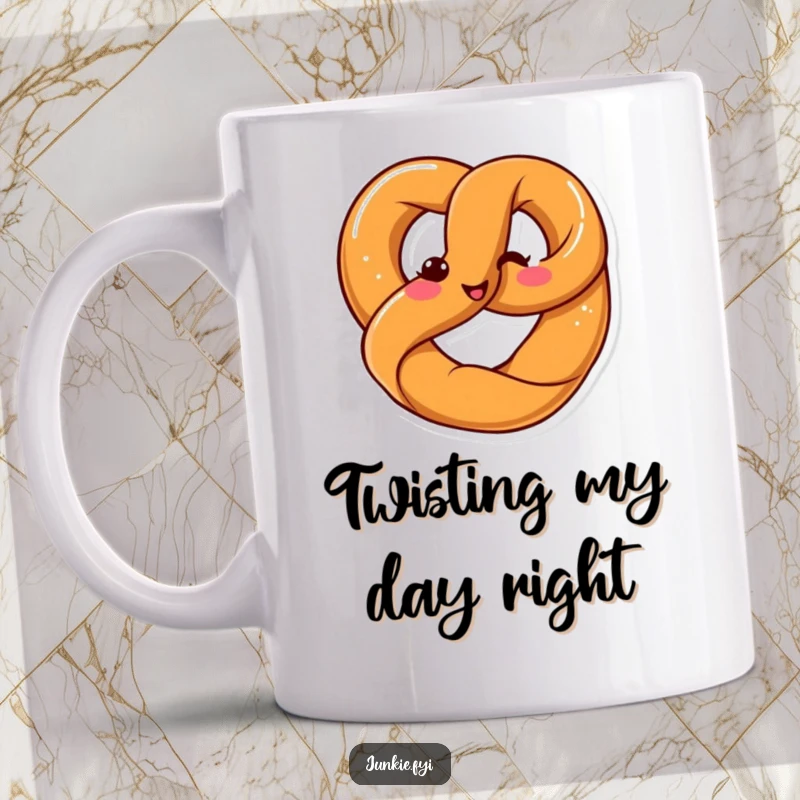 Funny Kawaii pretzel happily twisting itself into its signature shape with a big smile, on a mug.