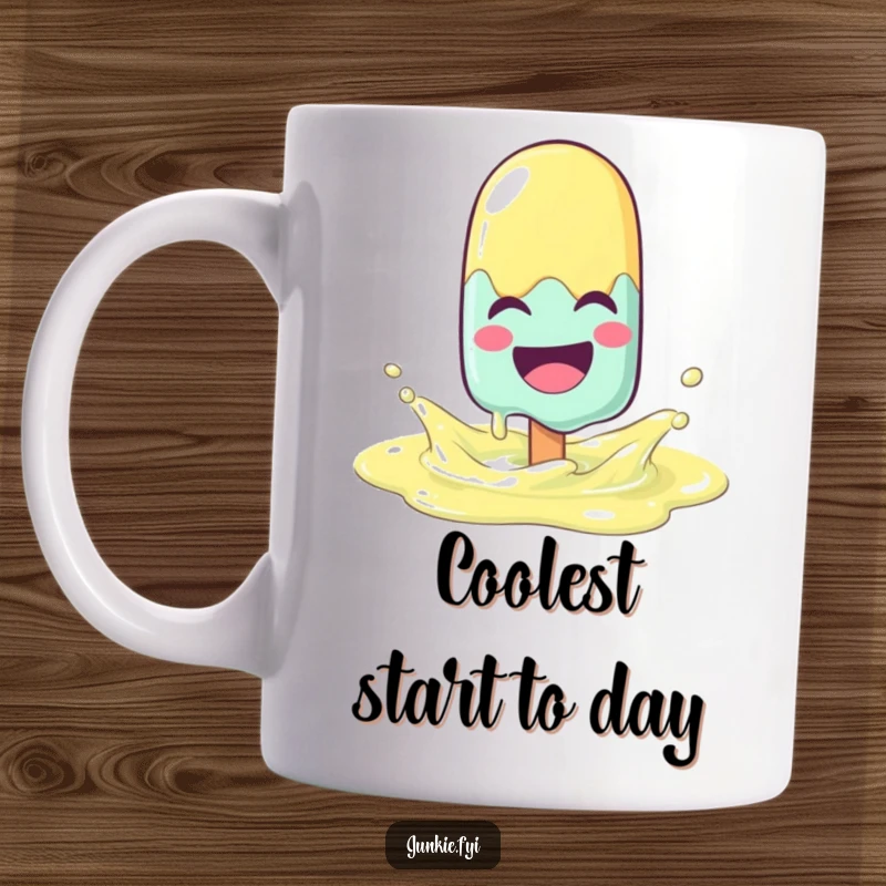 Funny laughing popsicle character melting with joy while splashing in a lemonade puddle on a ceramic mug.