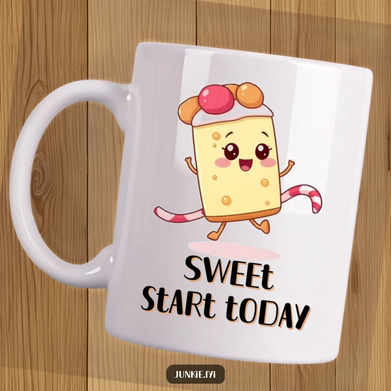 Funny mug showing a happy slice of pie joyfully skipping along a licorice rope, symbolizing sweet fun and carefree delight.