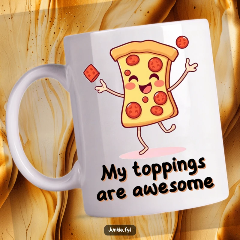 Funny Mug featuring a cheerful pizza slice with legs gleefully juggling pepperonis, radiating pure pizza party happiness.