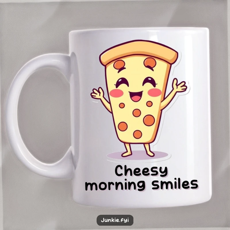 Funny pizza slice mug character, doing jazz hands with delight, celebrating great taste and humor.