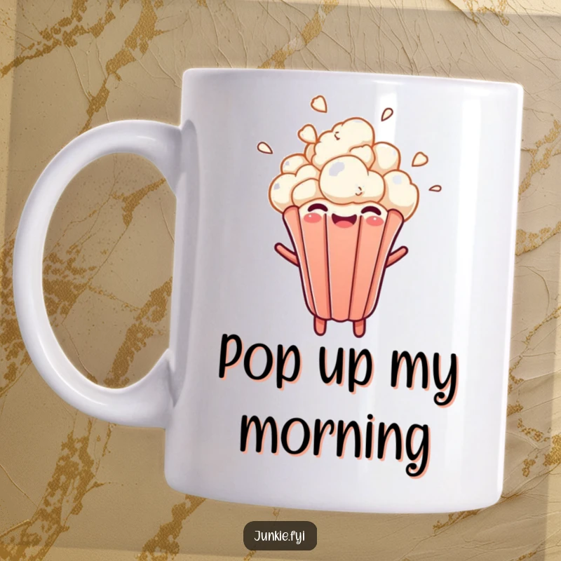 Funny popcorn kernel bursting upwards with pure joy and abandon, captured in a dynamic design on a mug.