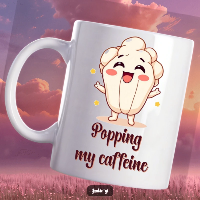 Funny popcorn kernel character giggling and bursting with pure joy on a coffee mug, radiating happiness.