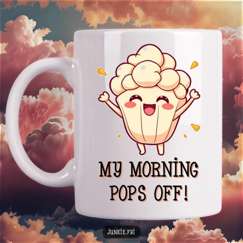 Funny popcorn kernel mug, bursting with energetic joy, a playful character celebrating happiness, perfect for coffee lovers.