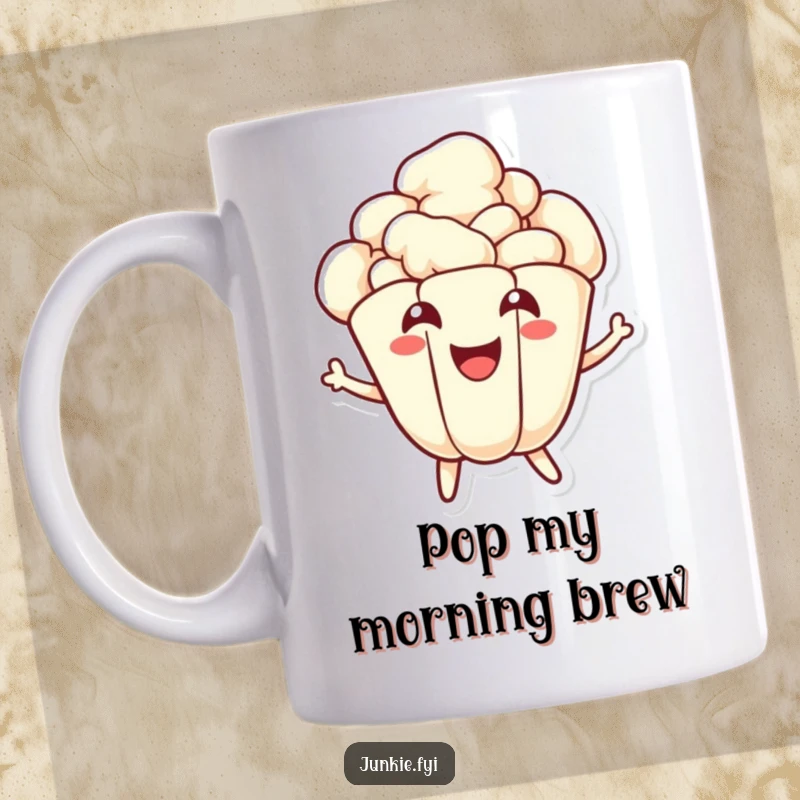 Funny popcorn mug featuring a joyful kernel character energetically popping with a wide smile, radiating movie-time excitement.