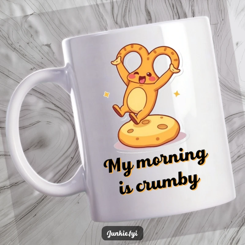 Funny Mug featuring an energetic pretzel character doing a joyful cartwheel on a plush cheese cushion, perfect for a good laugh.