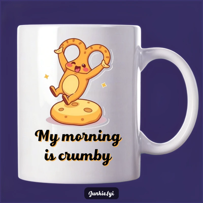Funny Pretzel Cartwheel Mug: Energetic Snack Character on Cheese Cushion, Perfect Funny Gift