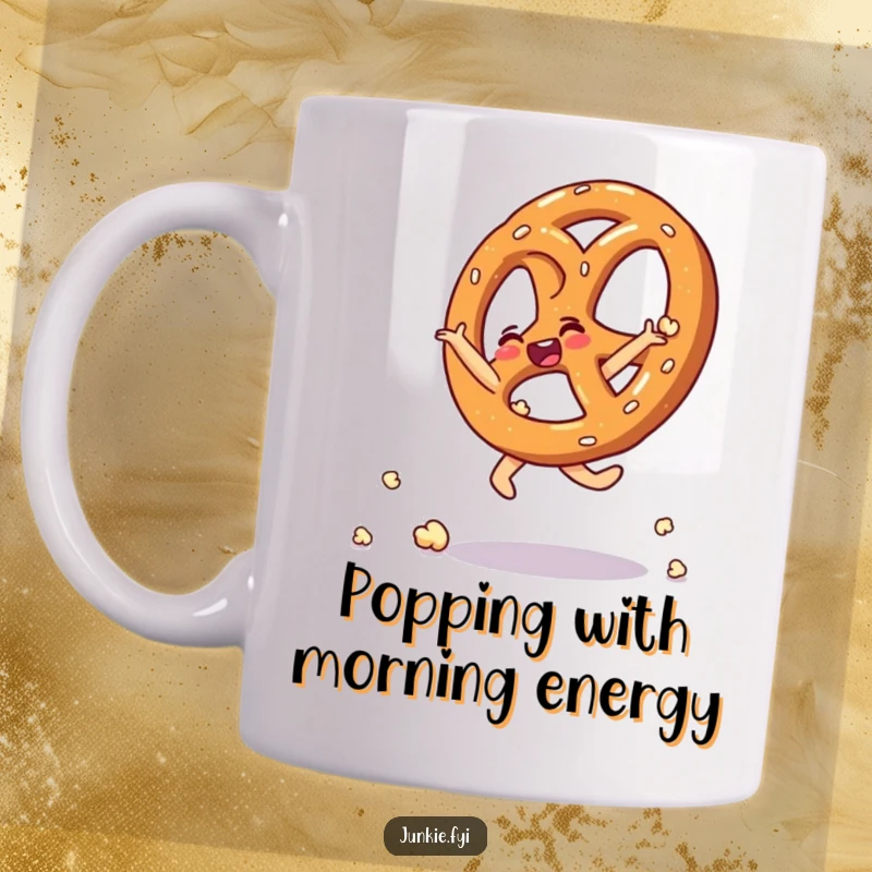 Funny mug featuring a thrilled pretzel performing an energetic cartwheel constructed entirely from popped popcorn kernels.