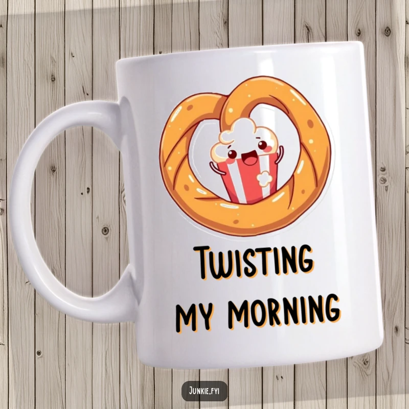 Funny mug featuring a joyful pretzel happily twisting around a single popcorn kernel, celebrating snack perfection.