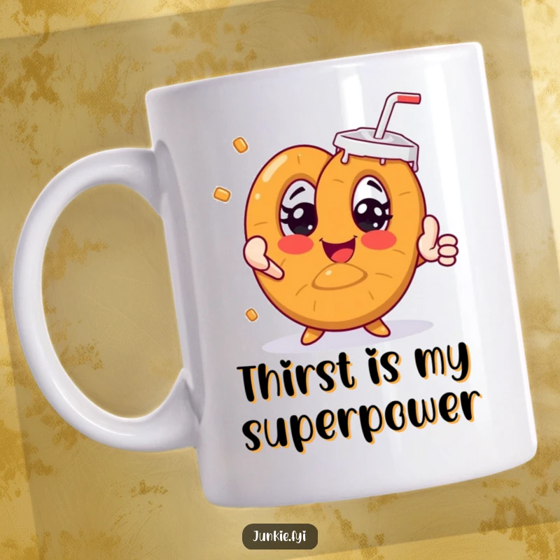 Funny pretzel character with big eyes reaching for huge soda, capturing desperate thirst and humor on a mug.