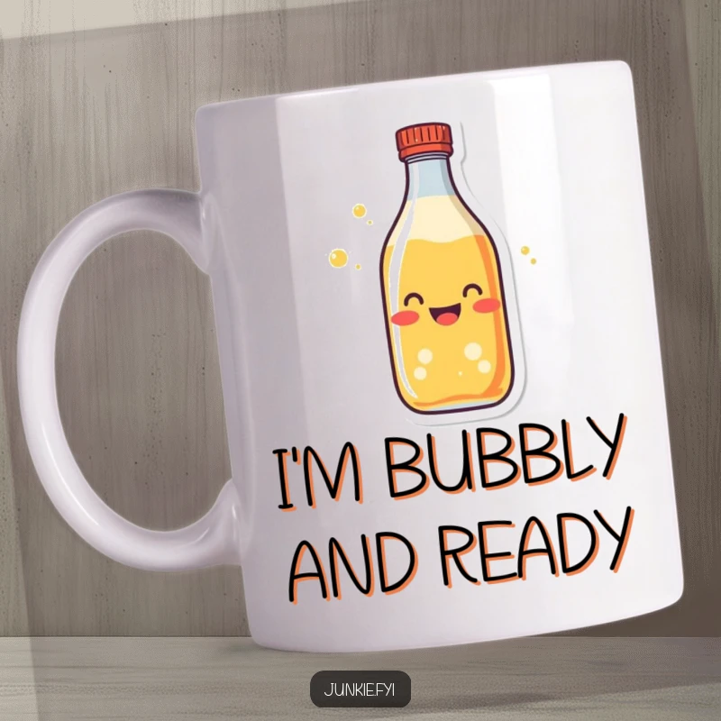 Funny soda bottle mug character, bursting with joy and fizz, perfect for a morning pick-me-up gift.