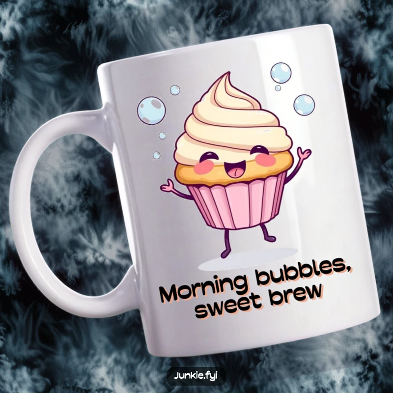 Funny Mug: A spunky cupcake with legs excitedly blows colorful bubbles, radiating pure, sugary happiness.