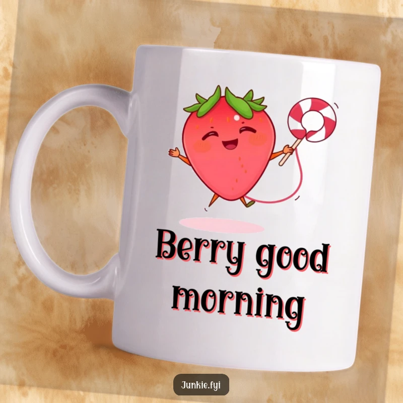 Funny mug showing a giggling strawberry energetically jumping rope with a licorice string, symbolizing vibrant fun and healthy play.