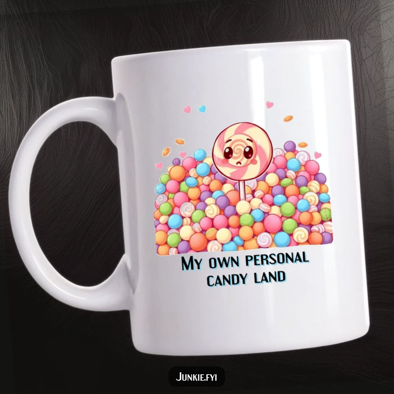 Funny mug featuring a wide-eyed, surprised lollipop character looking at a huge pile of candy. Pure sugar shock humor.