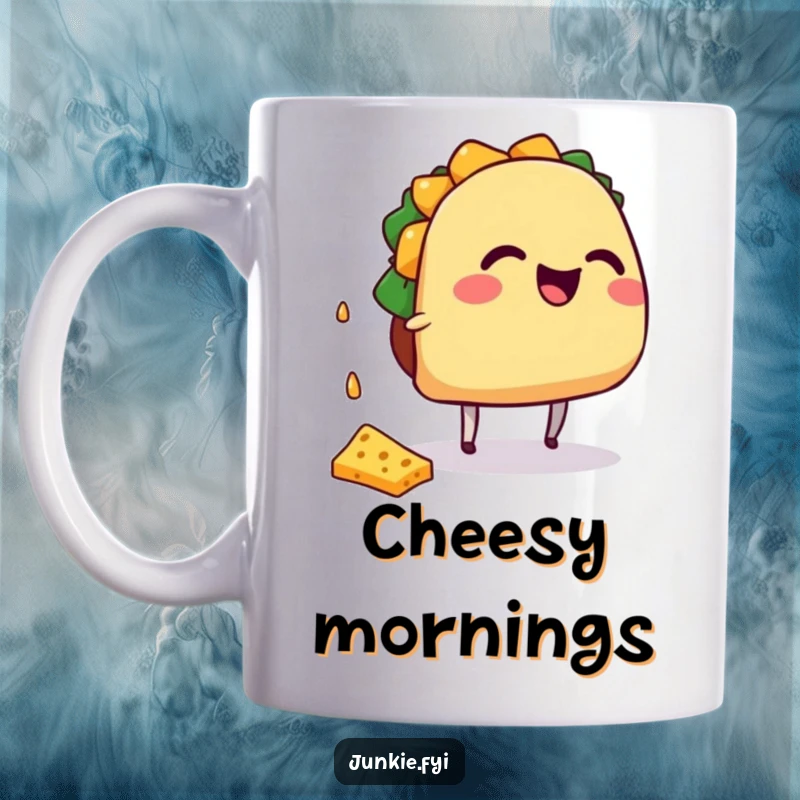 Funny giggling taco character with small legs trying to catch falling cheese, on a mug.