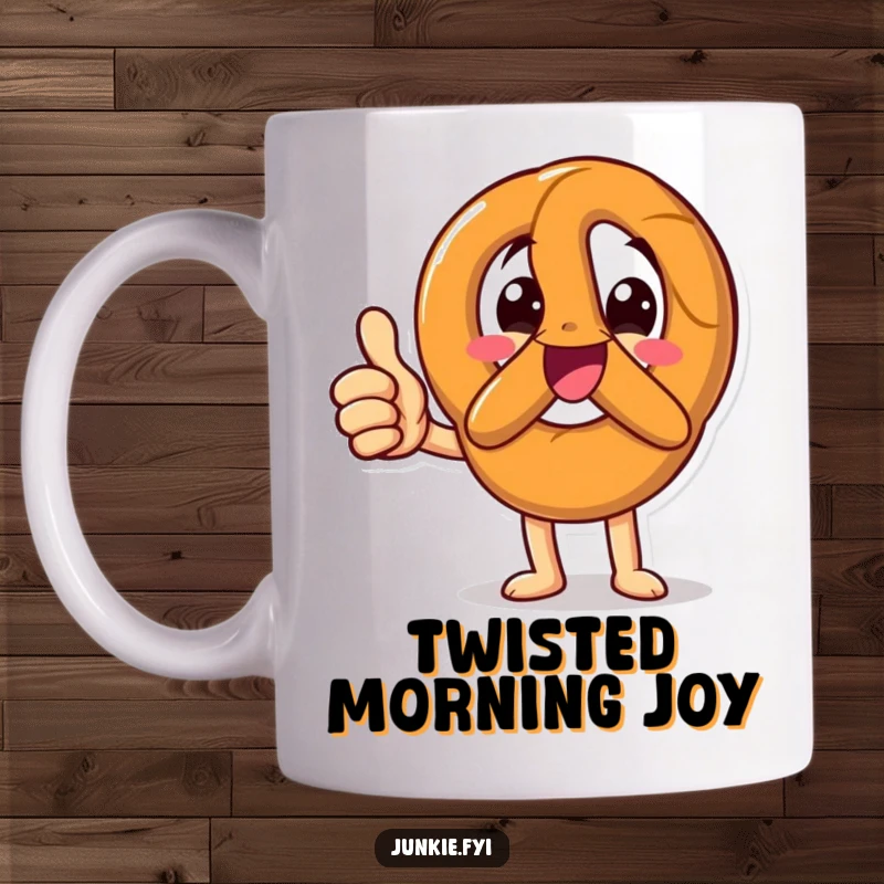 Funny Mug featuring a happy pretzel character enthusiastically giving a positive thumbs up, radiating joy and approval.