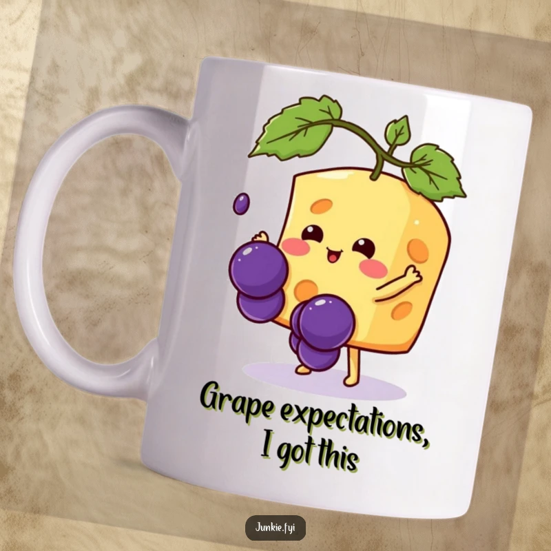 Funny Kawaii cheese cartoon character joyfully reaching for a falling grape, a hilarious and unique mug design for gift-givers.