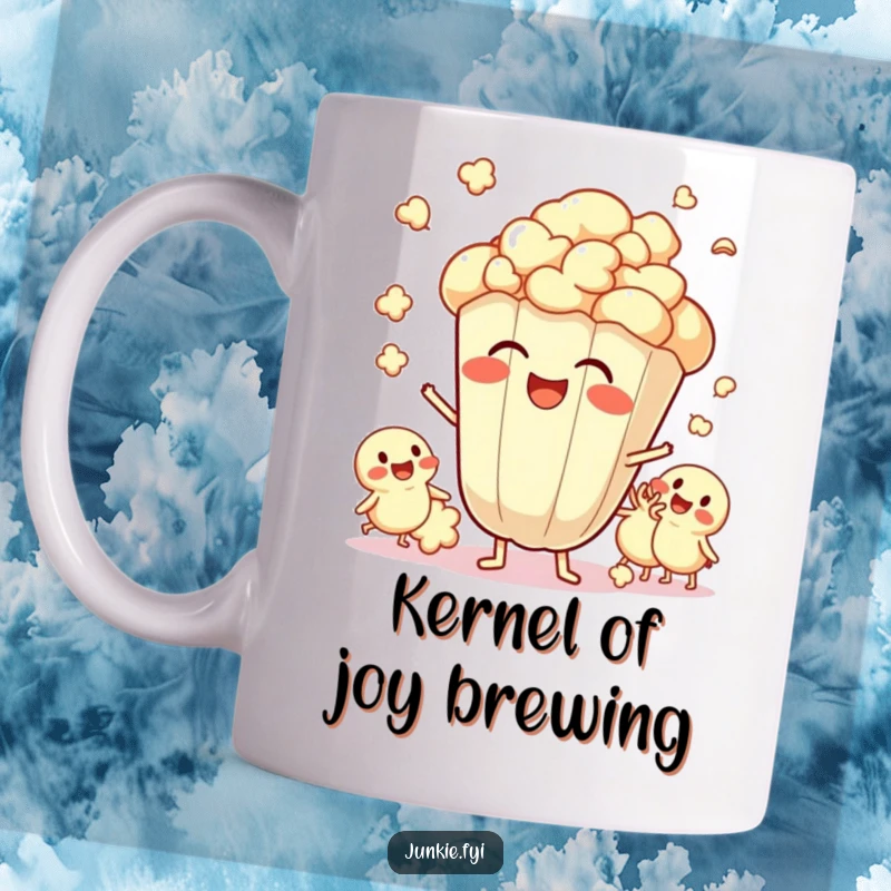 Funny Mug depicting a delighted popcorn kernel giggling amidst popping friends, celebrating communal joy and excitement.