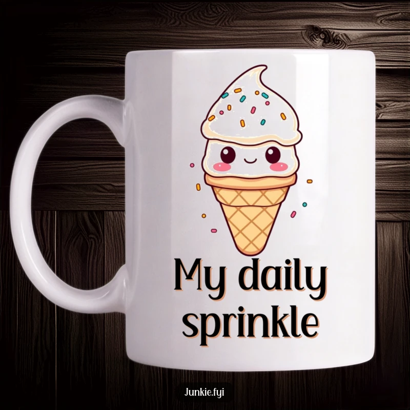 Funny mug featuring a contented ice cream cone character enjoying a delightful rain of colorful sprinkles. Sweet and humorous.