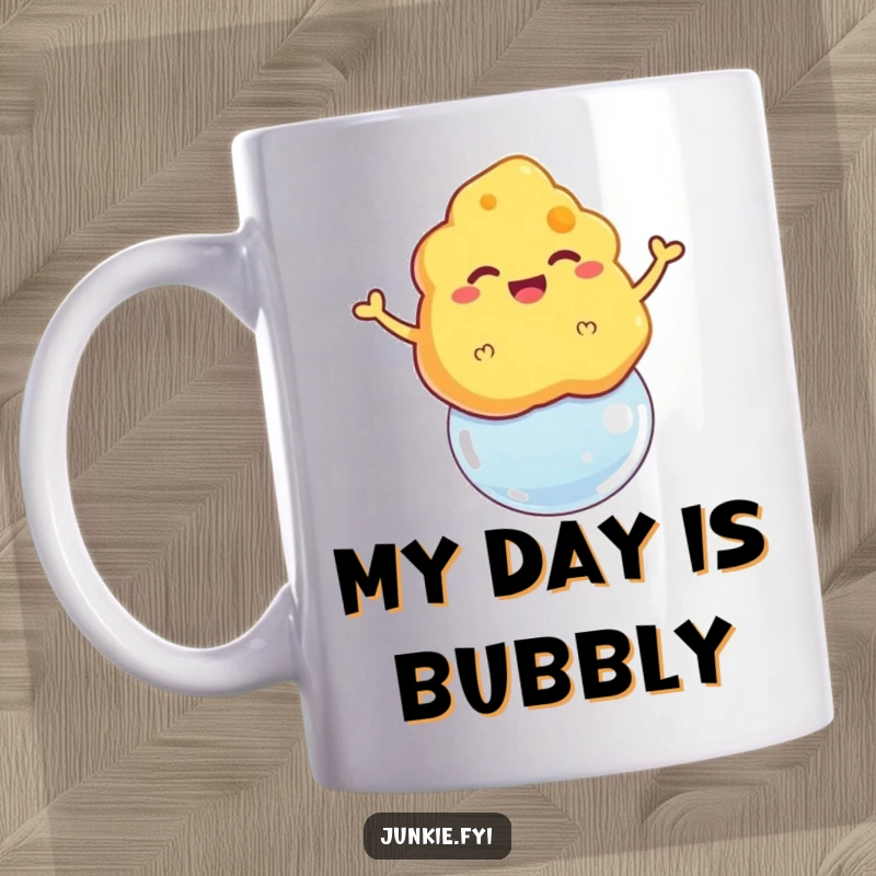 Funny mug depicting a grinning cheese puff floating triumphantly on a bubble, a whimsical snack moment.