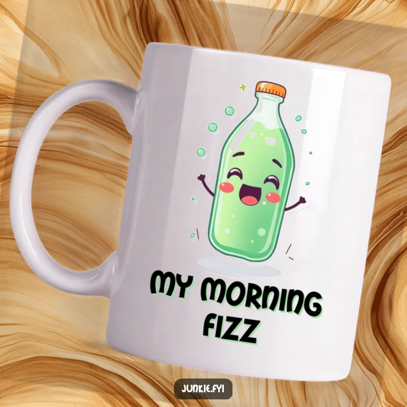 Funny mug depicting a thrilled soda bottle character vigorously fizzing with overflowing happiness. Energetic and humorous.