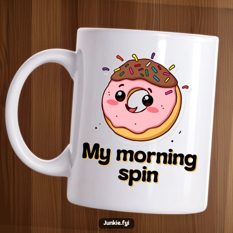 Funny donut character with sprinkle hair spinning rapidly on a mug, embodying pure joy and dizzy delight.