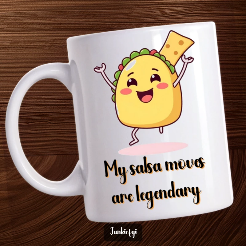 Funny Mug featuring a joyful taco with legs dancing ecstatically with a chip, capturing pure food-fueled happiness.