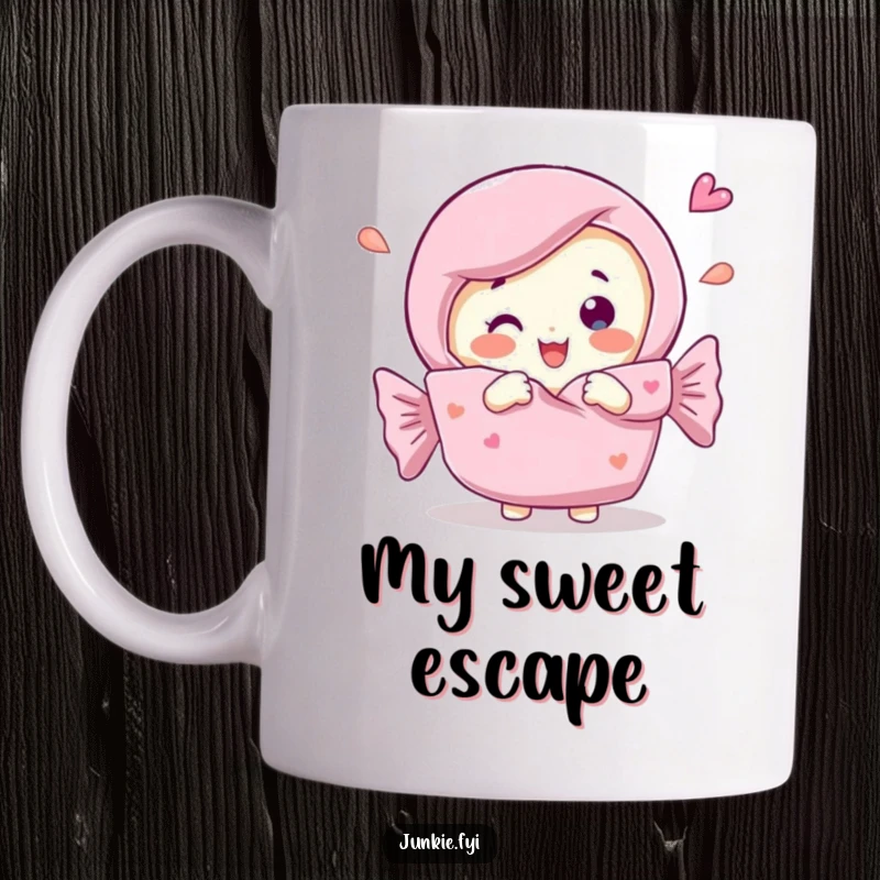 Funny Mug featuring a joyous candy bar character ecstatically unwrapping itself, symbolizing sweet self-appreciation and delightful indulgence.