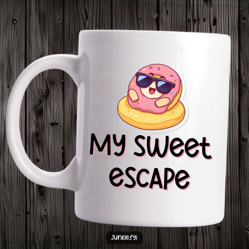 Funny Mug showing a delighted donut in sunglasses lounging coolly on a giant chip, radiating ultimate relaxation and snack-time joy.