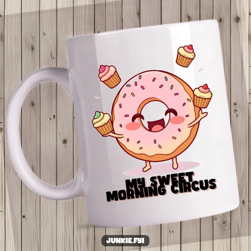 Funny donut character with sprinkles joyfully juggling three mini cupcakes on a ceramic mug, perfect for coffee or tea lovers.