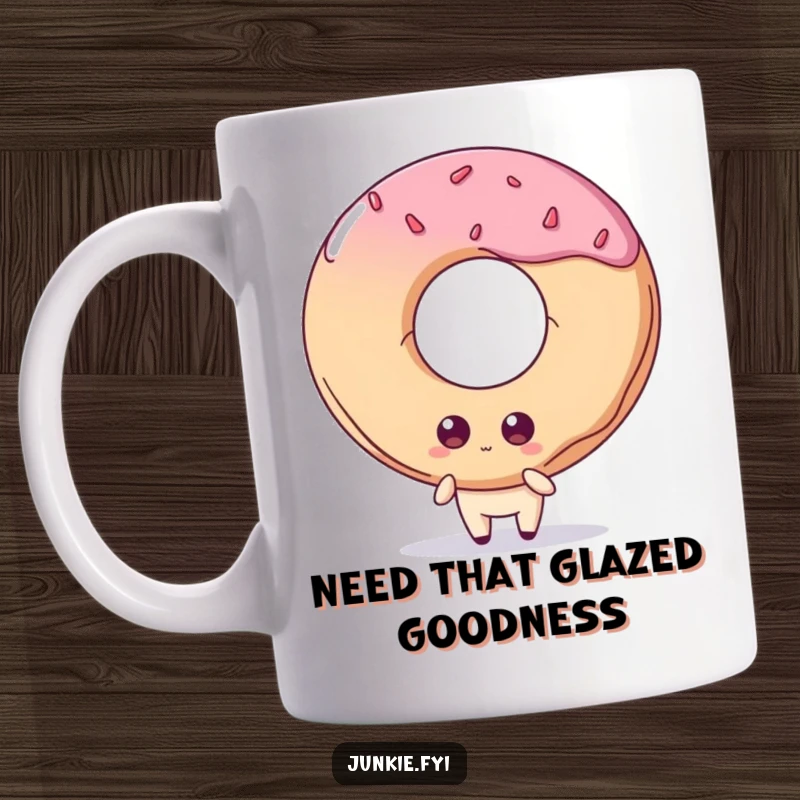 Funny mug: A quirky food character with huge, longing eyes stares at an enormous doughnut, depicting intense sweet desire.