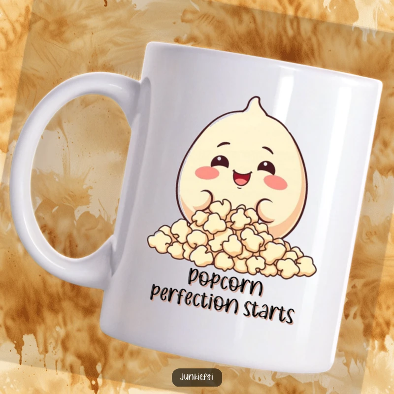 Funny Mug: A plump food character with a wide, happy grin joyfully munches on a large pile of fluffy popcorn.