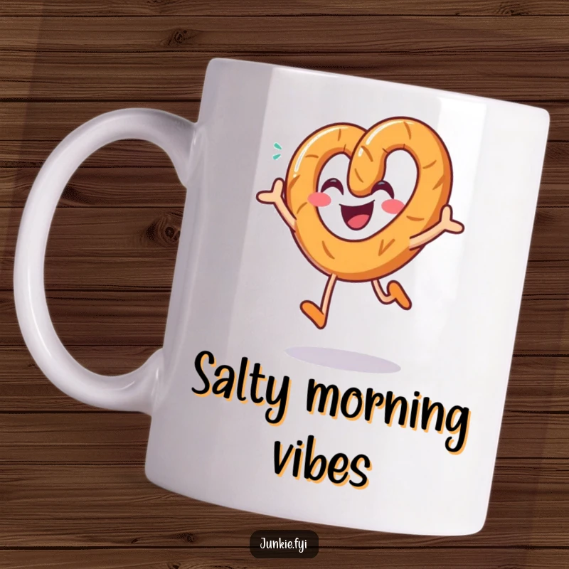 Funny pretzel mug, a smiling character joyfully jumping with a sprinkle of salt, embodying salty happiness.