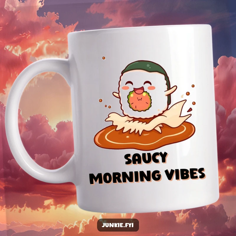 Funny mug with a giggling sushi roll character joyfully riding a cresting wave of soy sauce, embodying pure culinary delight.